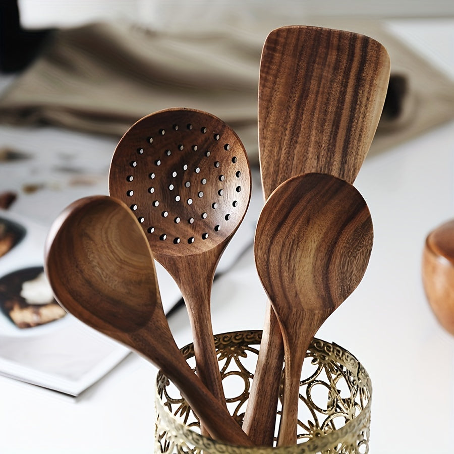 Rynx | 7pcs Premium Teak Wooden Cooking Spoons Set - Ergonomic Non-Stick Spatula with Soft Grip Handle - Perfect for Back to School, Kitchen Essentials, and Culinary Arts