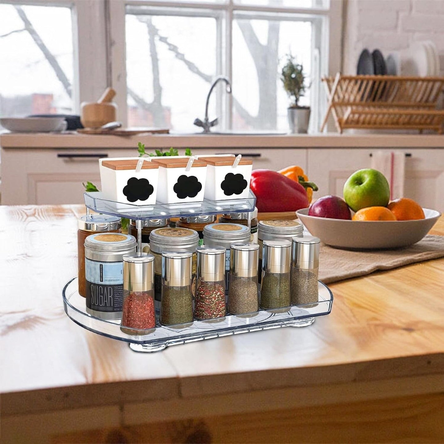 Rynx | 2-layer Plate Organizer Rectangular Refrigerator Spinning Storage Shelf with 360° Rotatable Rails