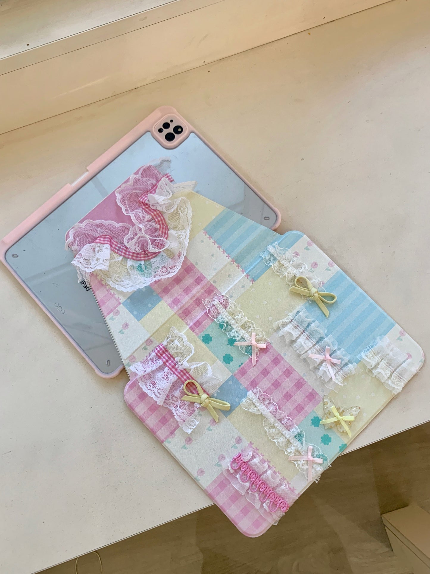 Rynx | Pastel Patchwork Lace iPad Case – Sweet Bows, Stand Case