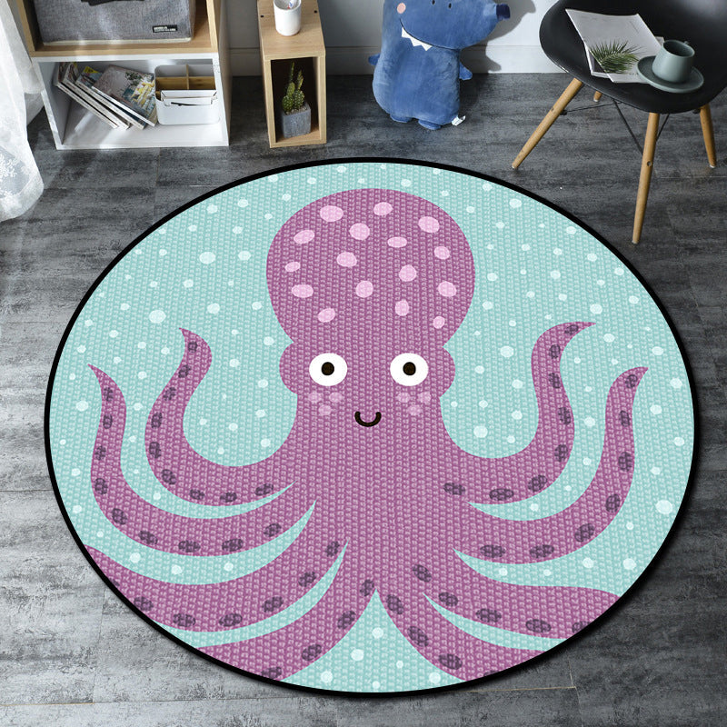 Rynx | Cartoon Kids' Room Rug Multicolored Sea Creatures Rug Synthetic Non-Slip Stain Resistant Washable Rug