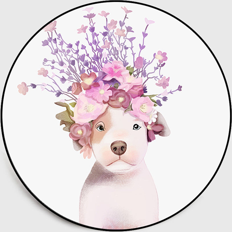 Rynx | Pastel color children's room rug Nordic dog with wreath portrait rug polyester non-slip back washable pet-friendly rug