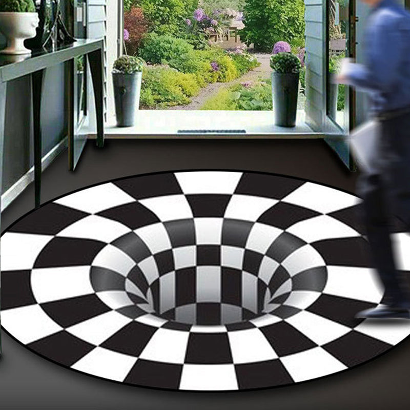 Rynx | Black-White Creative Carpet Polyester Optical Illusions Vortex Area Rug Pet Friendly Washable Non-Slip Rug for Hall