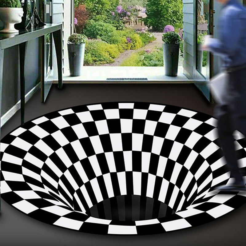 Rynx | Black-White Creative Carpet Polyester Optical Illusions Vortex Area Rug Pet Friendly Washable Non-Slip Rug for Hall
