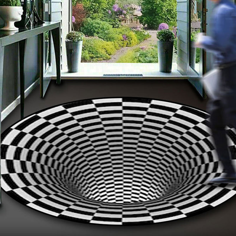 Rynx | Black-White Creative Carpet Polyester Optical Illusions Vortex Area Rug Pet Friendly Washable Non-Slip Rug for Hall