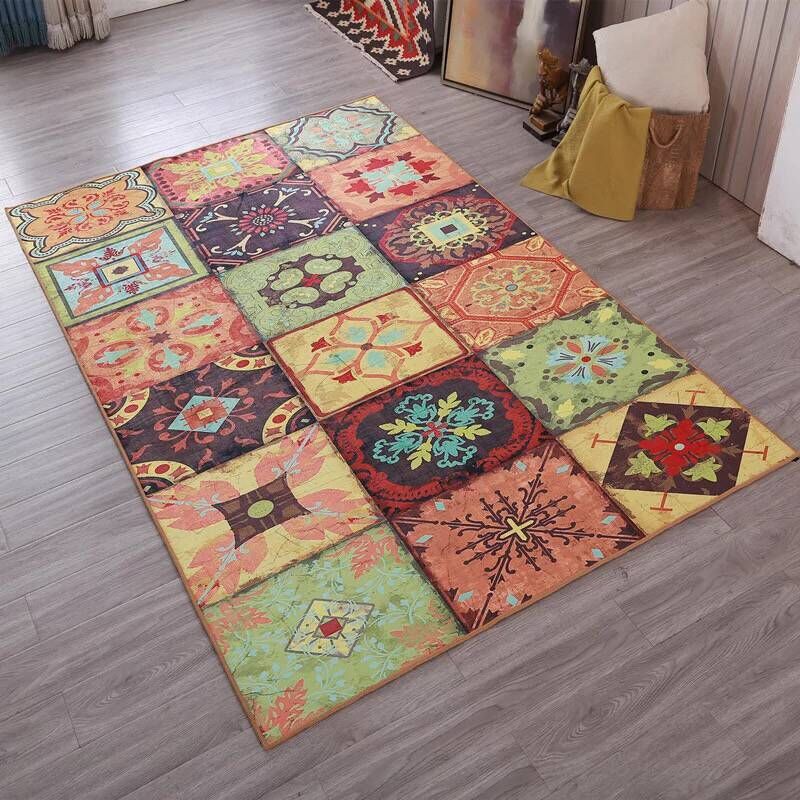 Rynx | Multicolored living room rug Moroccan patchwork printed rug Synthetic non-slip backing pet-friendly stain-resistant rug