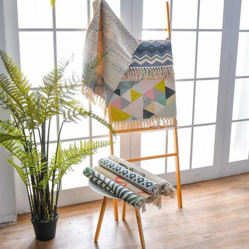 Rynx | Western Bedroom Carpet Multicolored geometric print rug cotton blend machine washable easy care with fringes