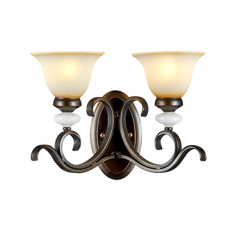 Rynx | 1/2-Light Bell Wall Lamp Antique Style Black Frosted Glass Wall Light with Curved Arm for Bedroom