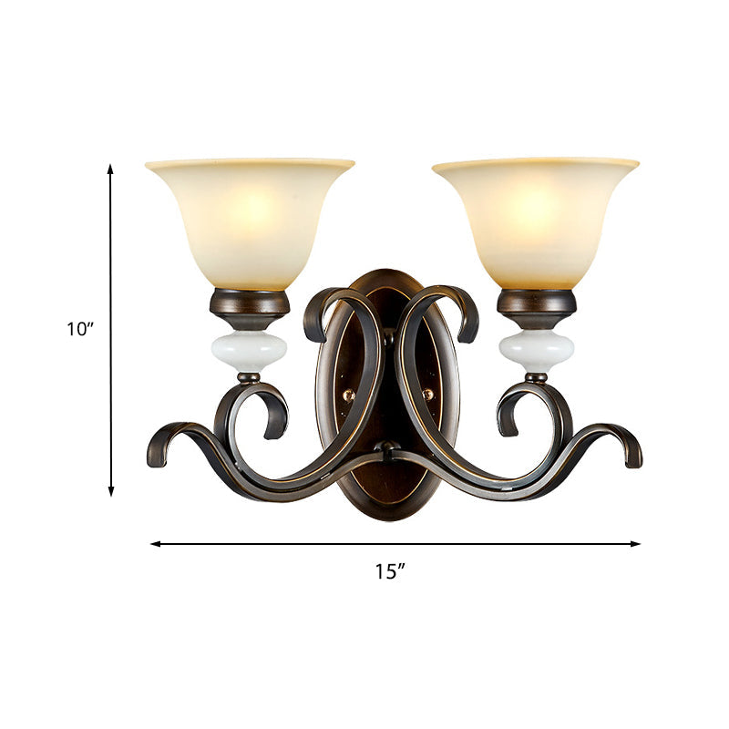 Rynx | 1/2-Light Bell Wall Lamp Antique Style Black Frosted Glass Wall Light with Curved Arm for Bedroom
