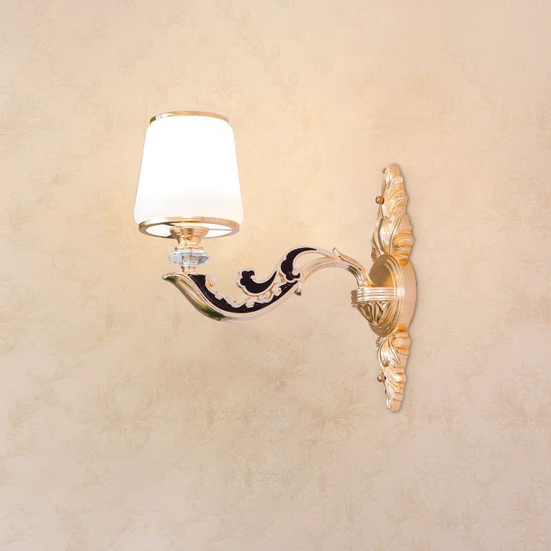 Rynx | Wall Lighting Wall Lamp Classic Engraved Arm Metal Wall Mount Light with White Glass Shade