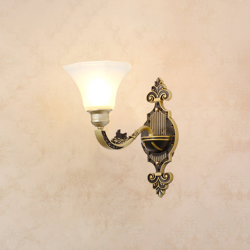 Rynx | Wall Lighting Wall Lamp Classic Engraved Arm Metal Wall Mount Light with White Glass Shade