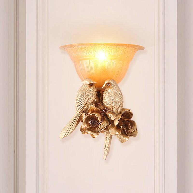 Rynx | Frosted Glass Flared Wall Light Fixture Antique 1 Light Hall Wall Lamp with Gold Bird Decoration