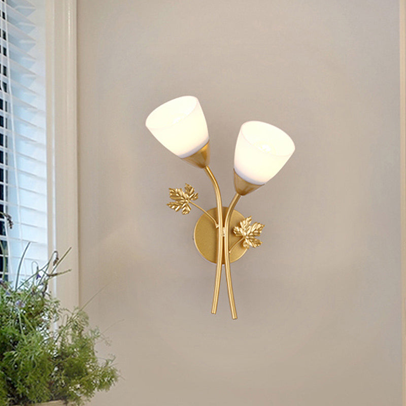 Rynx | Frosted Glass Bowl Sconce Contemporary 1/2-Light Hallway Wall Mounted Light with Leaf-Shaped Decoration in Black/Gold