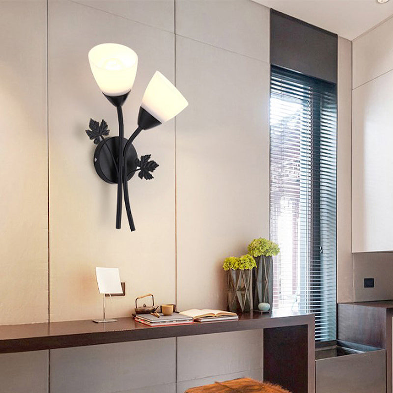 Rynx | Frosted Glass Bowl Sconce Contemporary 1/2-Light Hallway Wall Mounted Light with Leaf-Shaped Decoration in Black/Gold