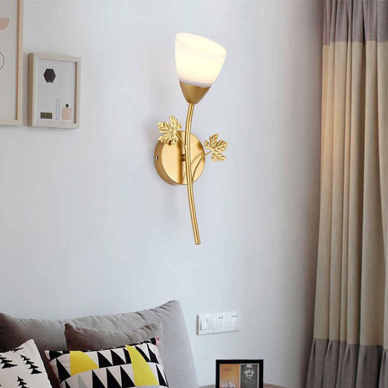 Rynx | Frosted Glass Bowl Sconce Contemporary 1/2-Light Hallway Wall Mounted Light with Leaf-Shaped Decoration in Black/Gold