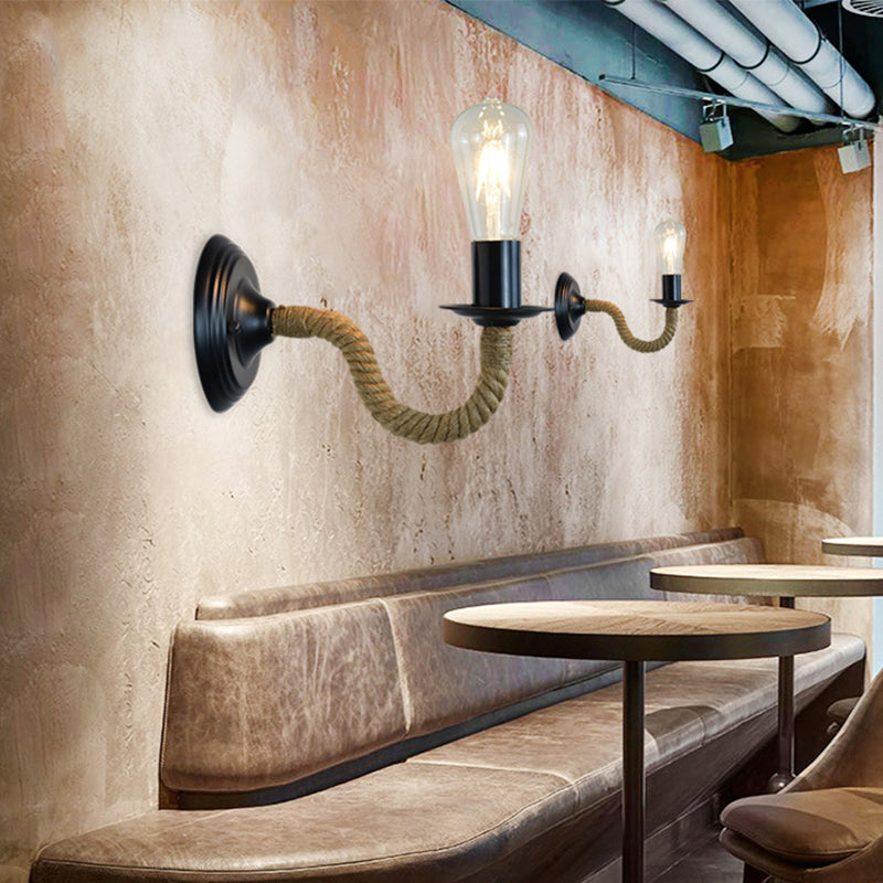 Rynx | Traditional Simple Pear Wall Lamp 1-Light Metal Wall Light with Rope Wrapped Arm in Black