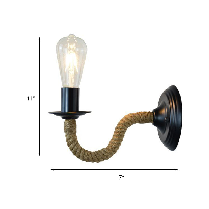 Rynx | Traditional Simple Pear Wall Lamp 1-Light Metal Wall Light with Rope Wrapped Arm in Black