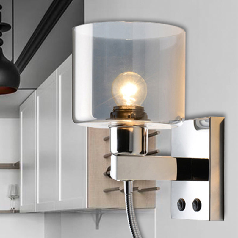 Rynx | Cylindrical gray glass wall lamp modernist 1 light chrome wall light with 1 switch/2 switches/no switch