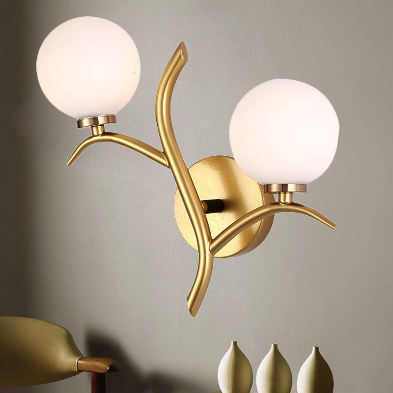 Rynx | 2 Lamps White Glass Wall Lamp Modern Gold/Black Globe Dining Table Wall Light with Branch-shaped Arm