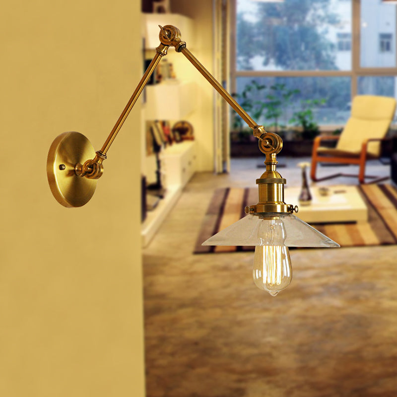 Rynx | Brass Cone Wall Lighting Country House Amber Glass 1 Light Living Room Wall Lamp Fixture