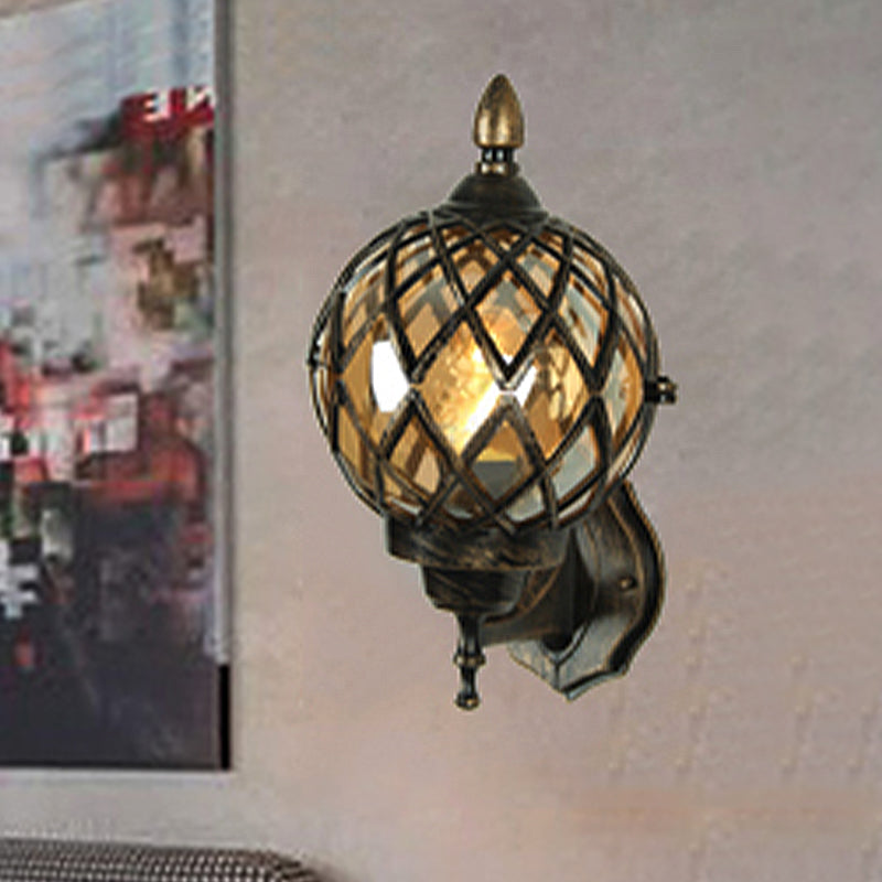 Rynx | 1 Light Amber Glass Wall Lamp Light Industrial Black Ball Dining Room Lighting Fixture with Cage