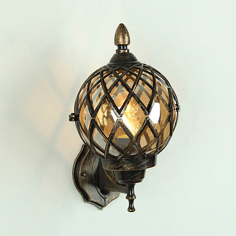 Rynx | 1 Light Amber Glass Wall Lamp Light Industrial Black Ball Dining Room Lighting Fixture with Cage