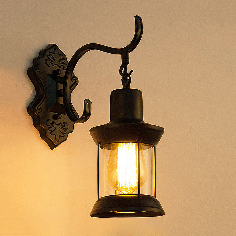 Rynx | Lantern Clear Glass Wall Mounted Lamp Vintage Single Bulb Outdoor Wall Light in Black with Carved Pattern