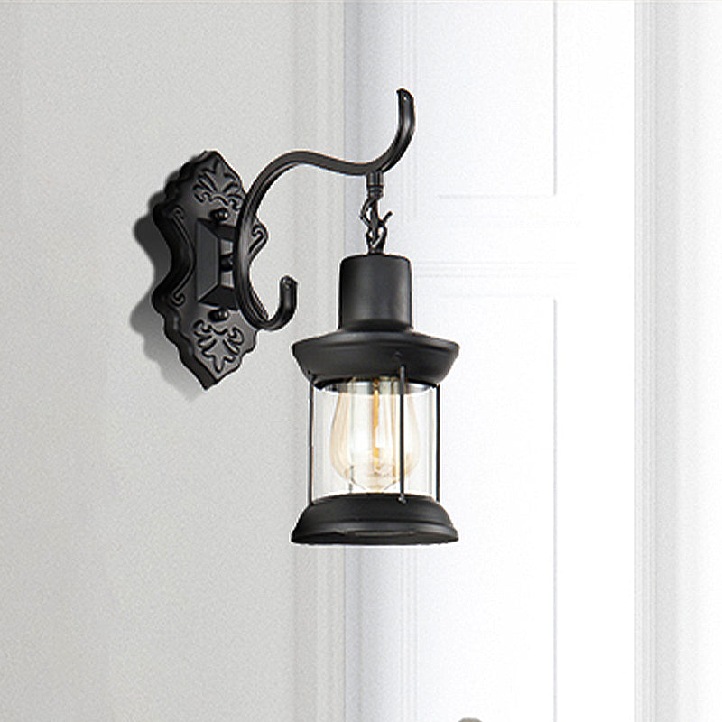 Rynx | Lantern Clear Glass Wall Mounted Lamp Vintage Single Bulb Outdoor Wall Light in Black with Carved Pattern