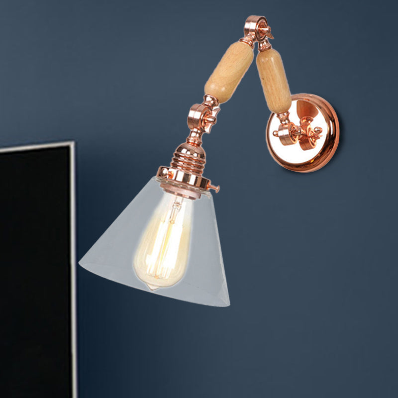 Rynx | Cone Shade Bedroom Wall Lamp Vintage Clear Glass 1 Light Wooden Wall Lamp with Long Arm