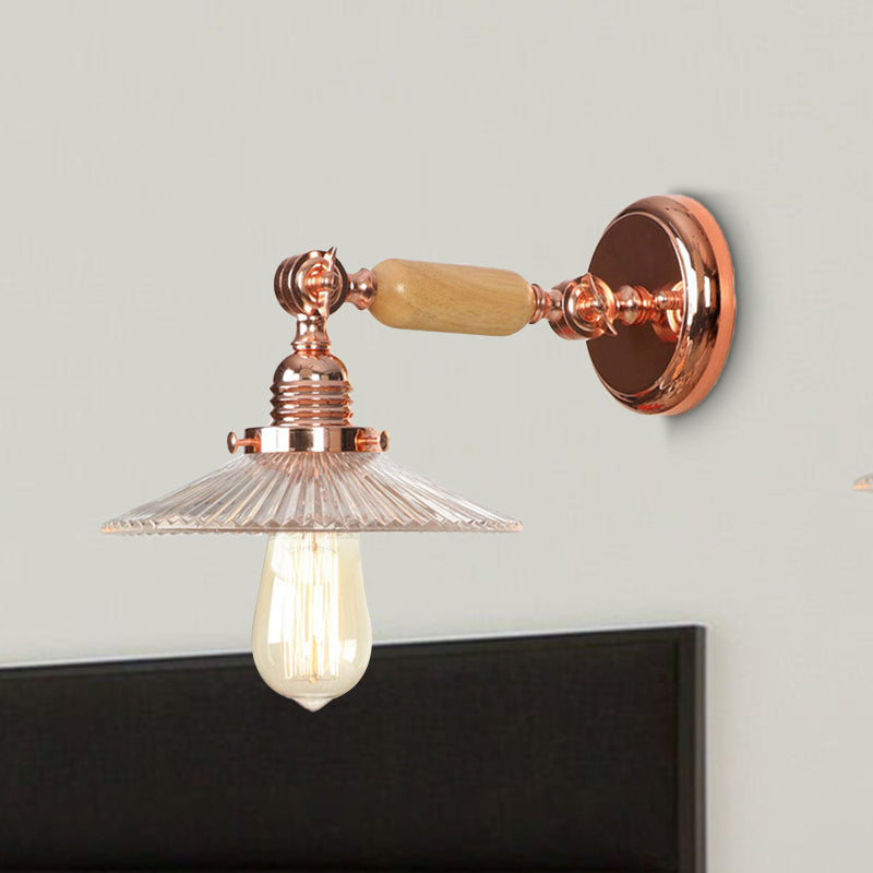 Rynx | Ribbed Glass Pink Gold Wall Lamp Saucer 1-Light Industrial Wall Lamp Mounting for Living Room