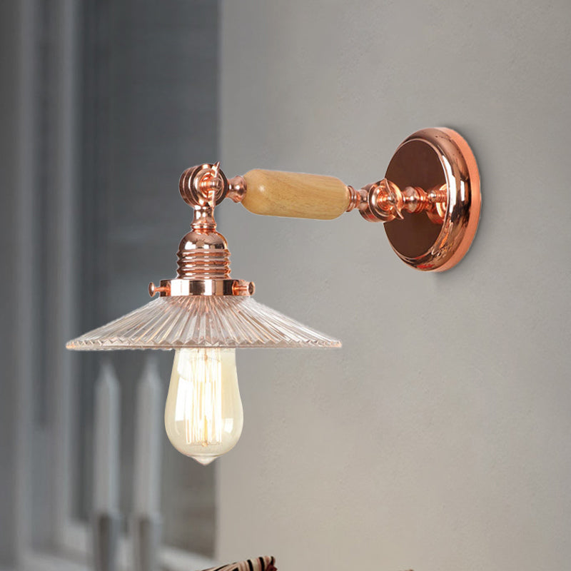 Rynx | Ribbed Glass Pink Gold Wall Lamp Saucer 1-Light Industrial Wall Lamp Mounting for Living Room