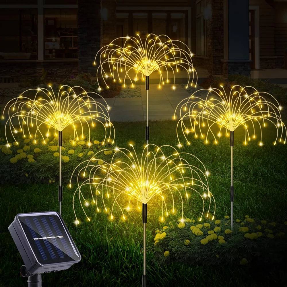 Rynx | Outdoor sunlight, Solar firework lights, 4 pack solar garden lights with 120 LED hedge star lights 8 modes patio fairy lights for pathway lawn backyard decoration (Warm white)
