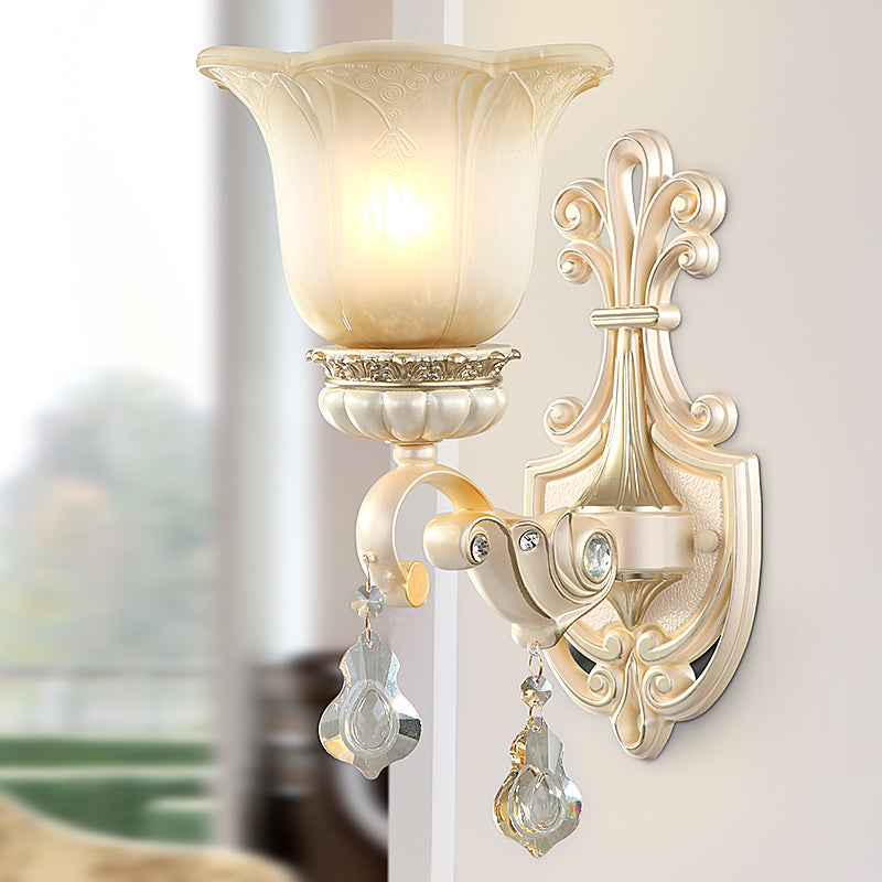 Rynx | Flowers White Glass Wall Mounted Light Traditional 1/2 Lights Hall Wall Lamp with Crystal Drops