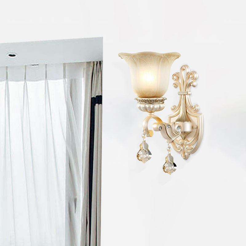 Rynx | Flowers White Glass Wall Mounted Light Traditional 1/2 Lights Hall Wall Lamp with Crystal Drops