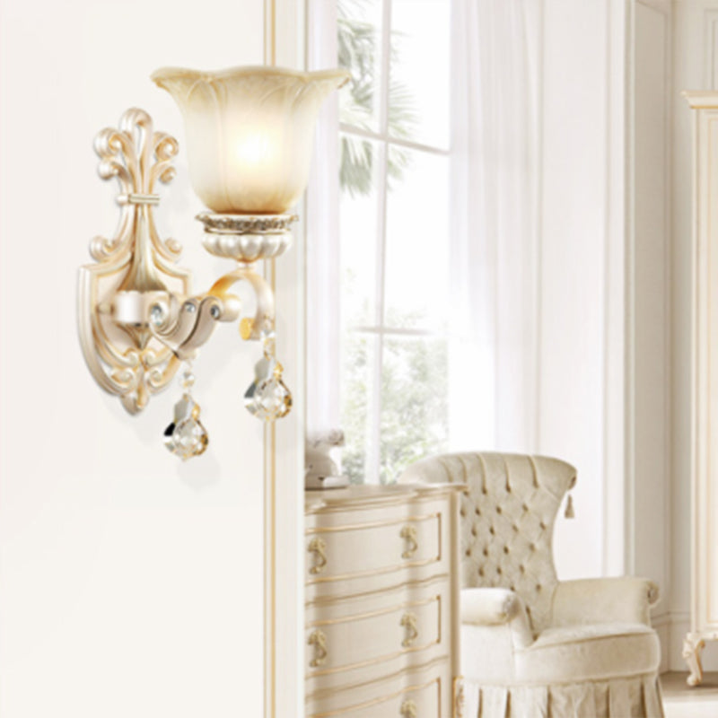 Rynx | Flowers White Glass Wall Mounted Light Traditional 1/2 Lights Hall Wall Lamp with Crystal Drops