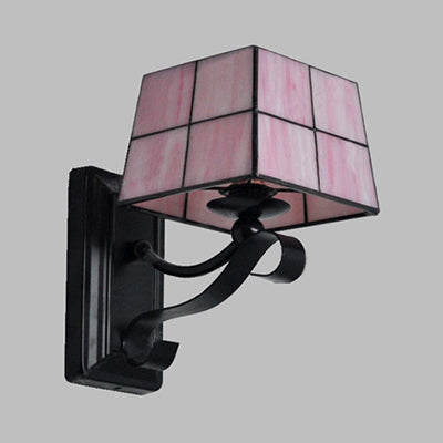 Rynx | Pink/Blue/Beige Square Wall Lamp Tiffany Style Colored Glass 1 Light Wall Mount Fixture for Bedroom