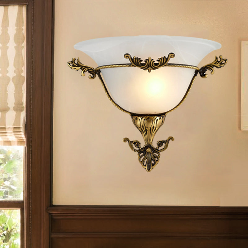 Rynx | Single Bulb Flush Mount Traditional Curved Milk Glass Wall Light in Brass for the Living Room