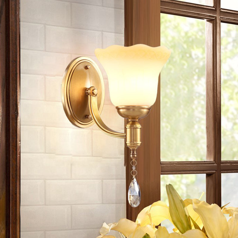 Rynx | Bell Shade Bedroom Wall Mounted Lamp Vintage Style Matte Glass 1/2-Light Brass Finish Wall Lamp