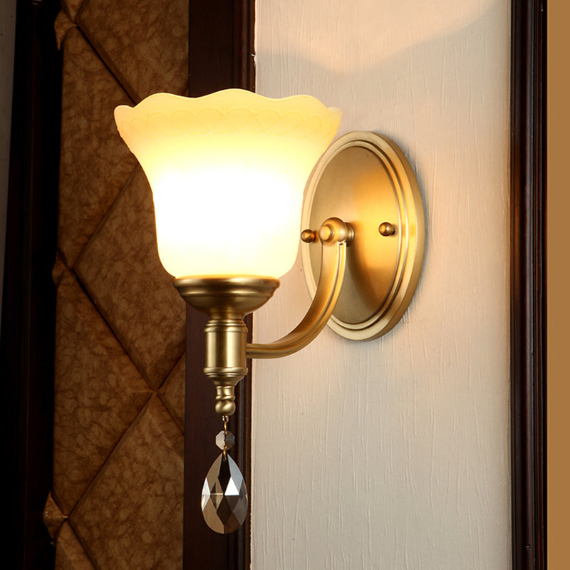 Rynx | Bell Shade Bedroom Wall Mounted Lamp Vintage Style Matte Glass 1/2-Light Brass Finish Wall Lamp