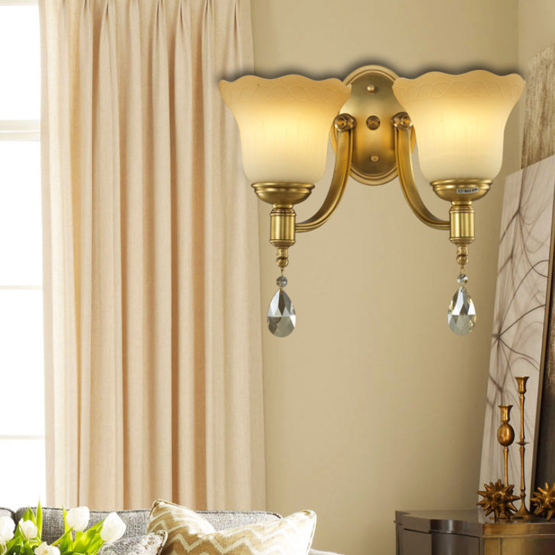 Rynx | Bell Shade Bedroom Wall Mounted Lamp Vintage Style Matte Glass 1/2-Light Brass Finish Wall Lamp