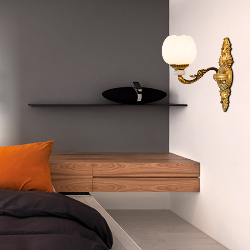 Rynx | Vintage Style Globe Wall Lamp Sconce 1/2-Light Milk Glass and Metal Wall Lamp in Gold for Corridor