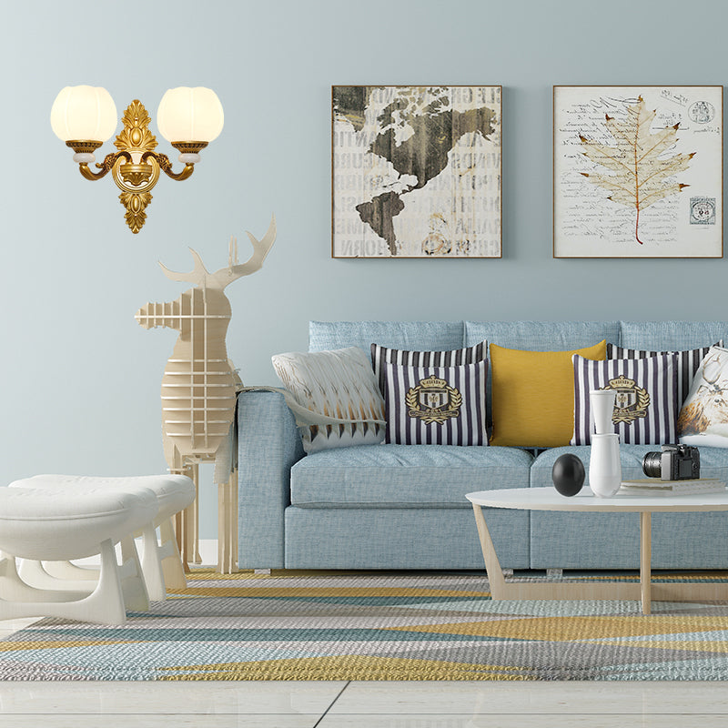 Rynx | Vintage Style Globe Wall Lamp Sconce 1/2-Light Milk Glass and Metal Wall Lamp in Gold for Corridor