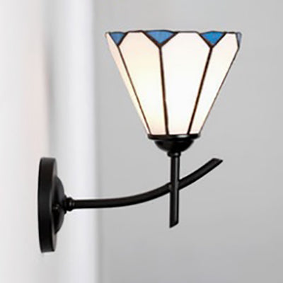 Rynx | Arc/curved arm wall lamp with cut glass shade 1 light Tiffany wall-mounted lamp in white/blue/clear for bedroom