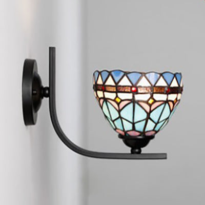 Rynx | Arc/curved arm wall lamp with cut glass shade 1 light Tiffany wall-mounted lamp in white/blue/clear for bedroom