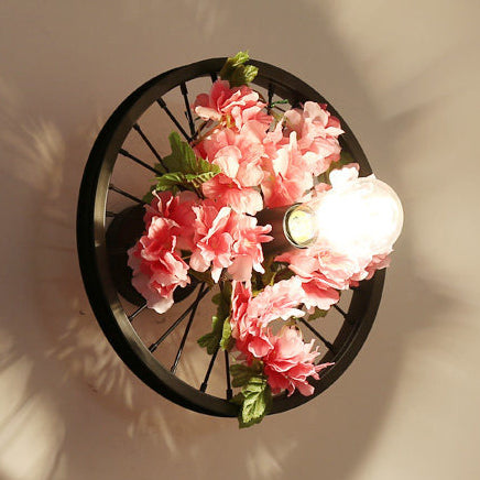 Rynx | Black 1 Light Wall Mount Light Loft Industry Metal Wheel Design Wall Lighting with Artificial Flower/Leaf Decoration, 12.5"/16.5" Diameter