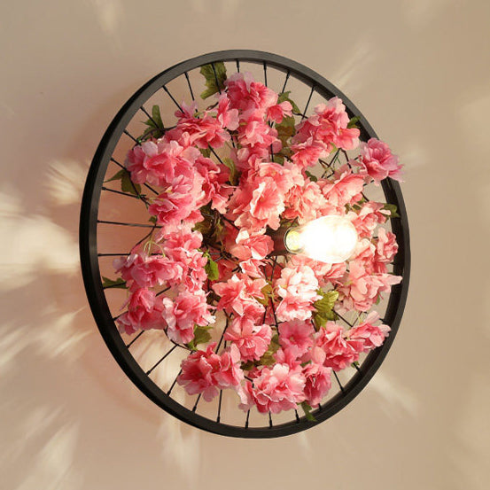 Rynx | Black 1 Light Wall Mount Light Loft Industry Metal Wheel Design Wall Lighting with Artificial Flower/Leaf Decoration, 12.5"/16.5" Diameter