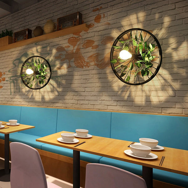 Rynx | Black 1 Light Wall Mount Light Loft Industry Metal Wheel Design Wall Lighting with Artificial Flower/Leaf Decoration, 12.5"/16.5" Diameter