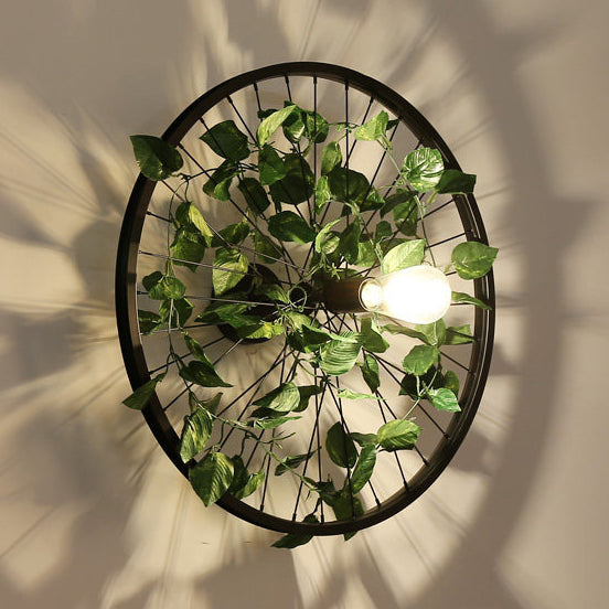Rynx | Black 1 Light Wall Mount Light Loft Industry Metal Wheel Design Wall Lighting with Artificial Flower/Leaf Decoration, 12.5"/16.5" Diameter