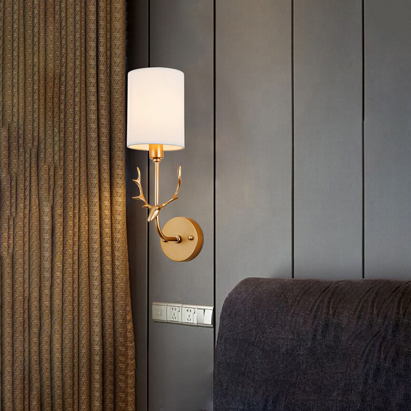 Rynx | Cylinder Living Room Wall Lighting Country Fabric Shade 1 Head Black/Brass Wall Lamp Fixture