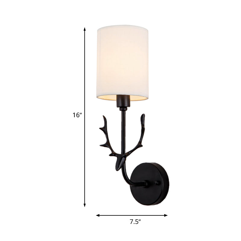Rynx | Cylinder Living Room Wall Lighting Country Fabric Shade 1 Head Black/Brass Wall Lamp Fixture
