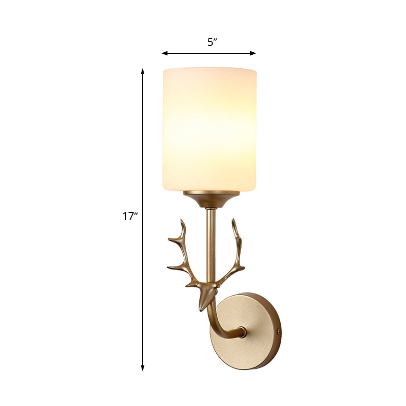 Rynx | Black/Brass 1-Bulb Wall Lighting Rustic White Glass Cylindrical Wall-Mounted Lamp for Living Room
